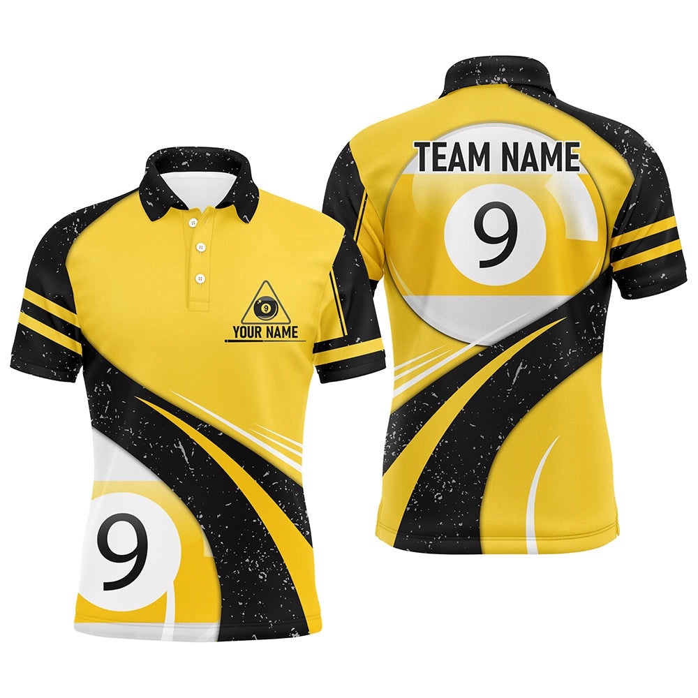 9 Ball Pool Yellow Black Grunge 9 Ball Billiard Polo, Personalized Billiard Polo Shirt