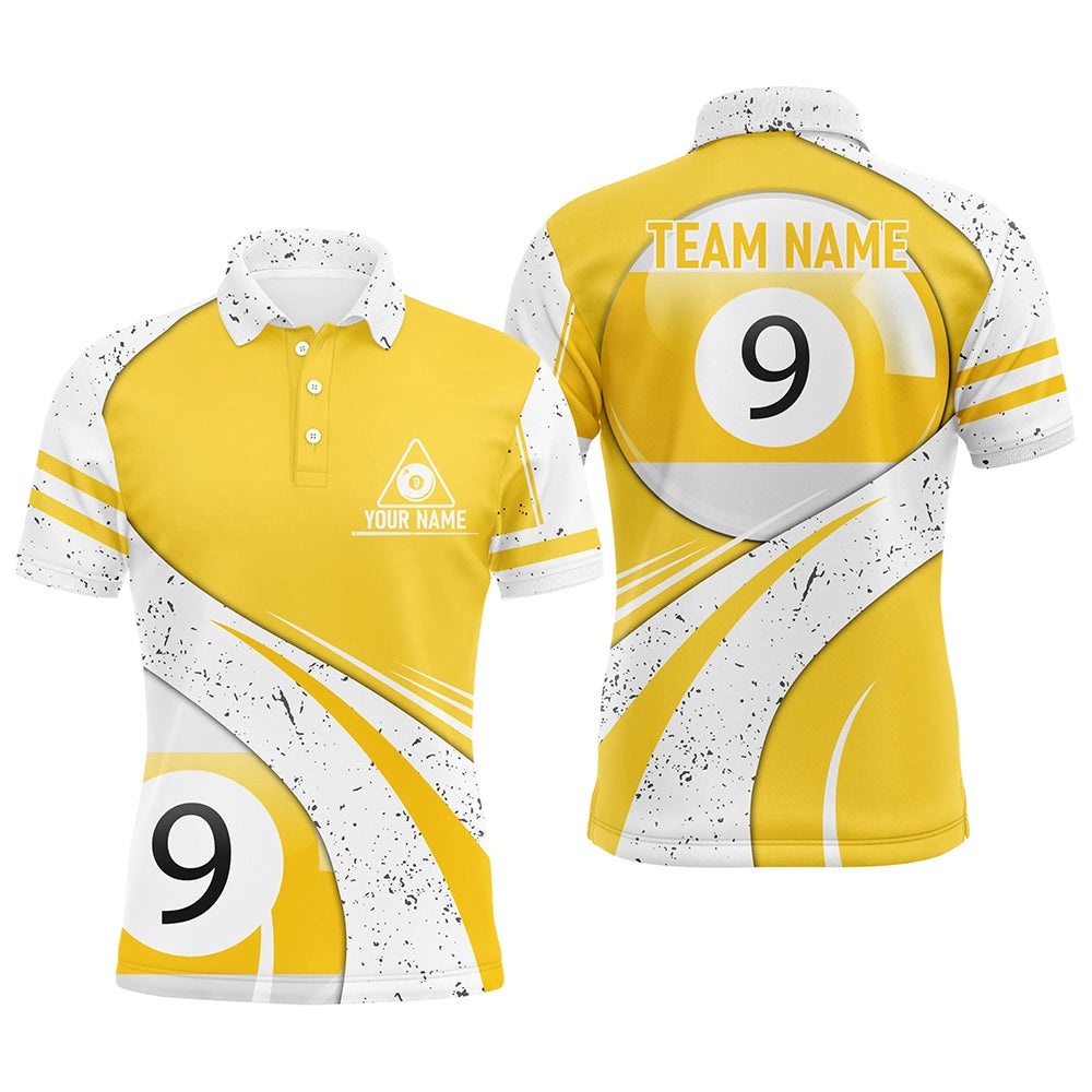 9 Ball Pool Yellow White Grunge 9 Ball Billiard Polo, Personalized Billiard Polo Shirt 9 Ball Pool Yellow White Grunge 9 Ball Billiard Polo, Personalized Billiard Polo Shirt