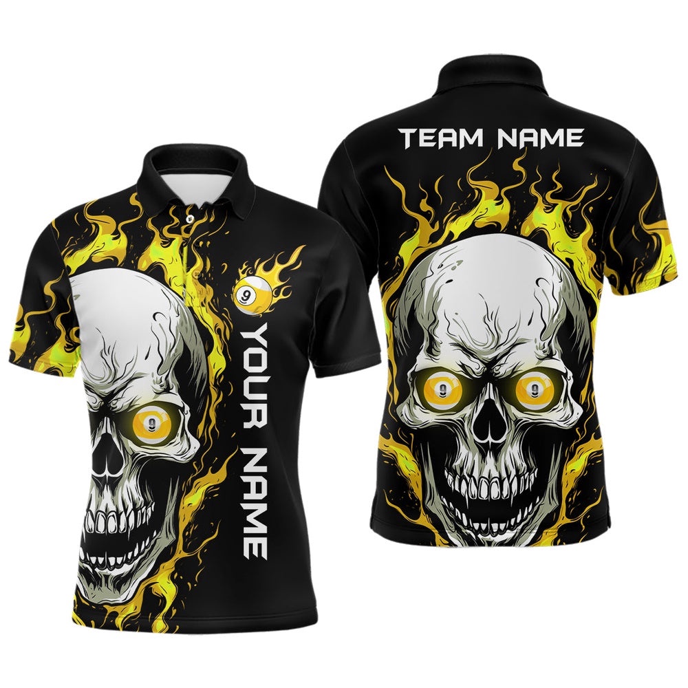9 Ball Yellow Skull 3D Printed Billiard’s Shirts Custom Pool Team Polo Shirts, Personalized Billiard Polo Shirt
