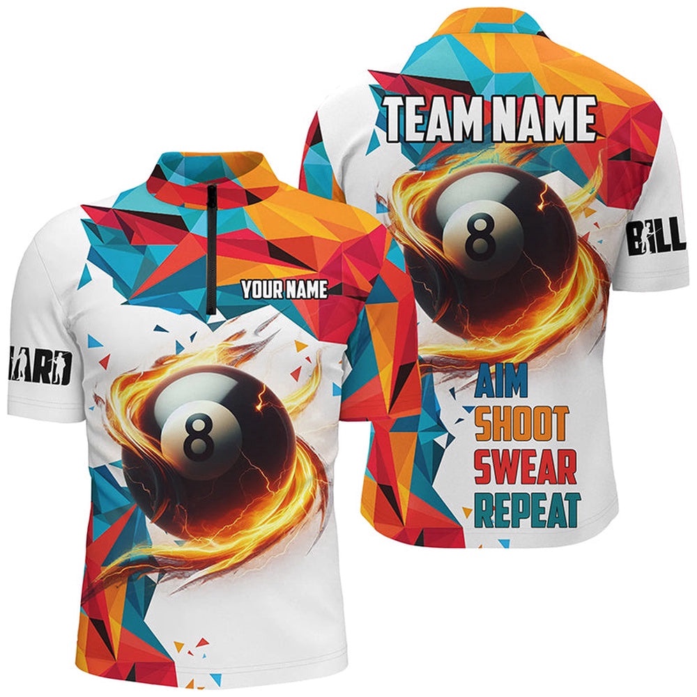 Aim Shoot Swear Repeat Billiard Shirts Custom Colorful 8 Ball Pool Shirts, Personalized Billiard Team Jersey Shirt