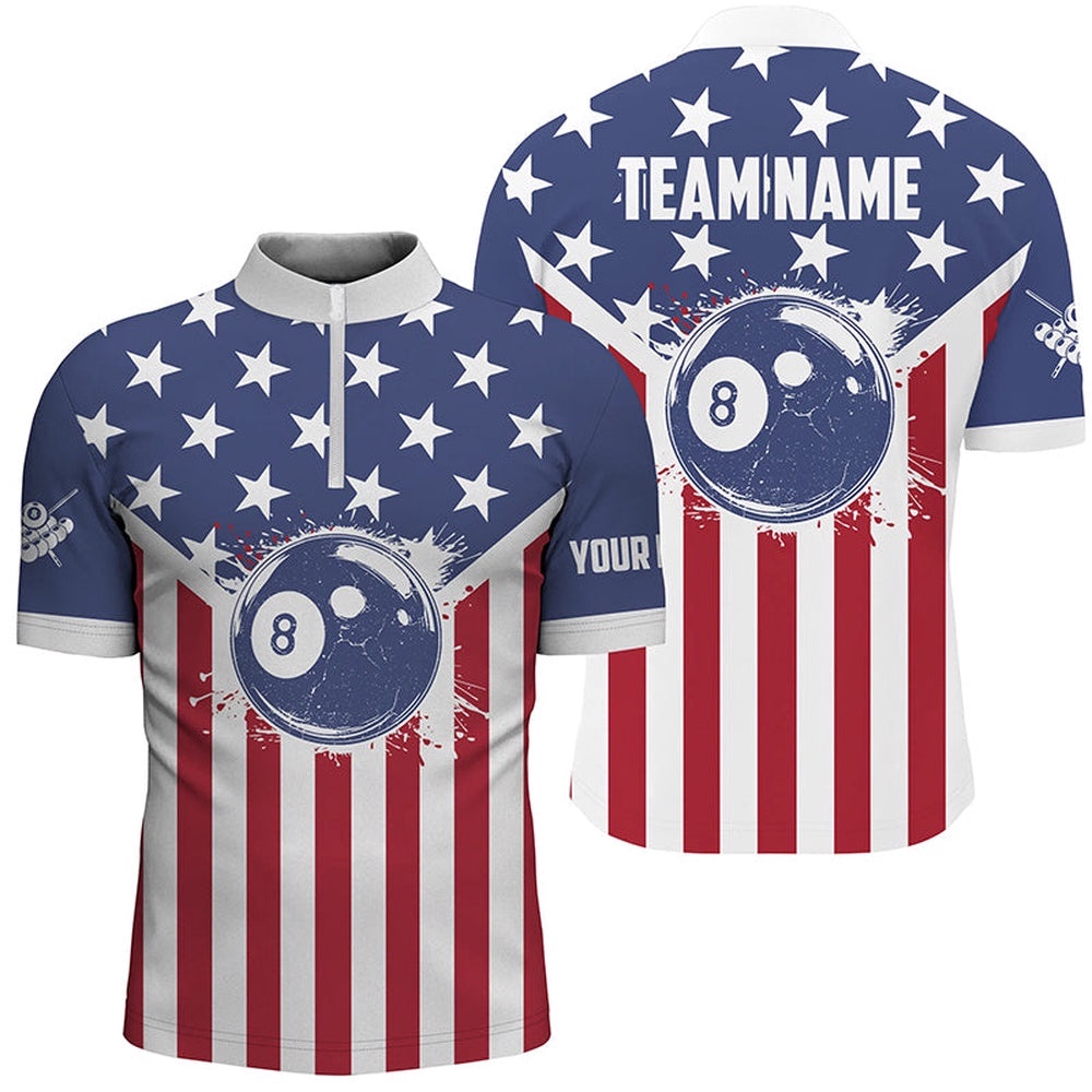 American Flag 8 Ball Billiard Shirts Custom Patriotic Billiard Pool Jerseys, Personalized Billiard Team Jersey Shirt