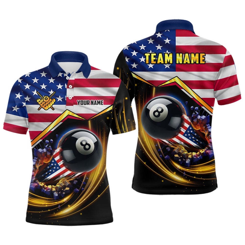 American Flag 8 Ball Pool Billiard Shirts Custom Patriotic 4Th Of July Billiard Polo, Personalized Billiard Polo Shirt
