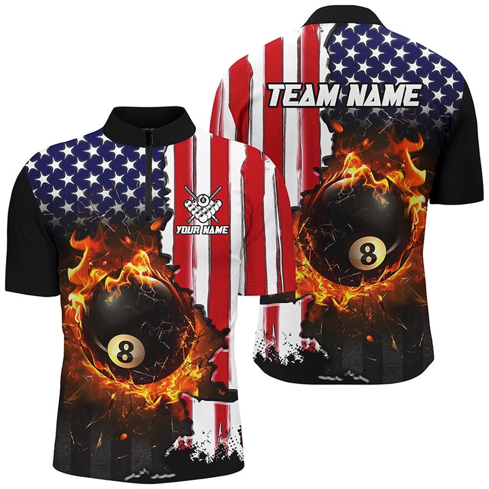 American Flag 8 Ball Pool Fire Break Glass Custom Billiard Shirts, Patriotic Billiard Jerseys, Personalized Billiard Team Jersey Shirt