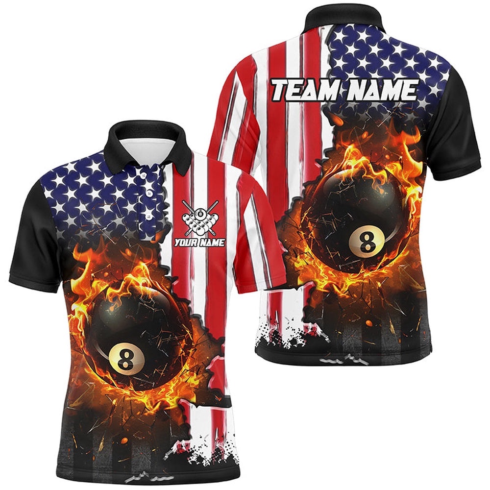 American Flag 8 Ball Pool Fire Break Glass Custom Billiard Shirts, Patriotic Billiard Polo, Personalized Billiard Polo Shirt American Flag 8 Ball Pool Fire Break Glass Custom Billiard Shirts, Patriotic Billiard Polo, Personalized Billiard Polo Shirt