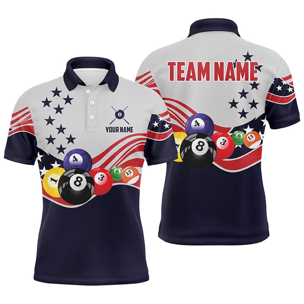 American Flag Billiard Style 3D Polo Shirts, Custom 8 Ball Pool Team Polo, Personalized Billiard Polo Shirt