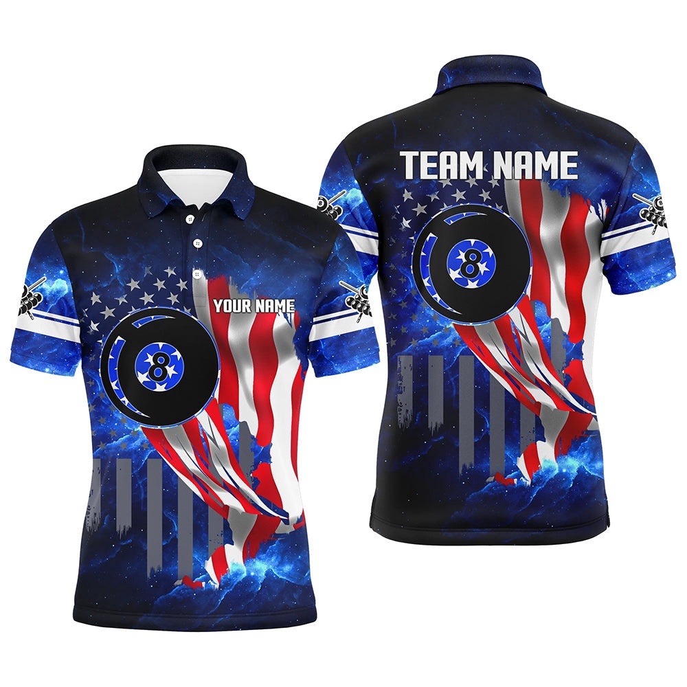 American Flag Blue Galaxy 8 Ball Pool Team League Shirts, Personalized Billiard Polo Shirt American Flag Blue Galaxy 8 Ball Pool Team League Shirts, Personalized Billiard Polo Shirt