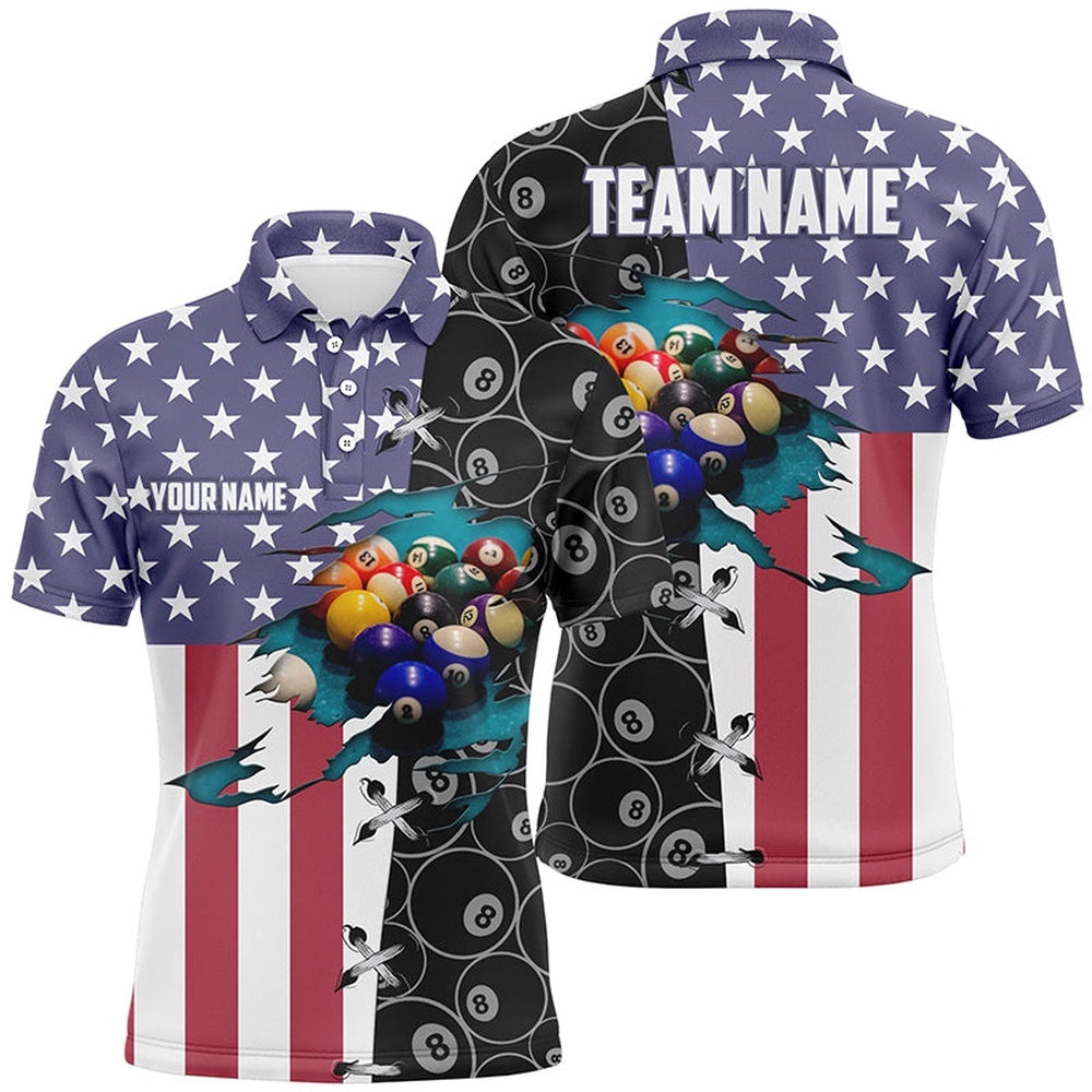 American Flag Custom 8 Ball Pattern Pool Balls Polo, Personalized Billiard Polo Shirt