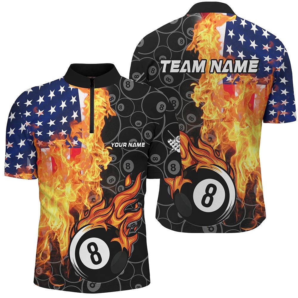 American Flag Fire Flame 8 Ball Billiard Shirts Customized Patriotic Billiard Pool Jerseys, Personalized Billiard Team Jersey Shirt