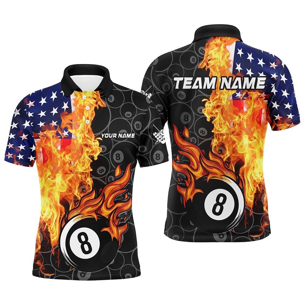 American Flag Fire Flame 8 Ball Billiard Shirts Customized Patriotic Billiard Pool Polo, Personalized Billiard Polo Shirt