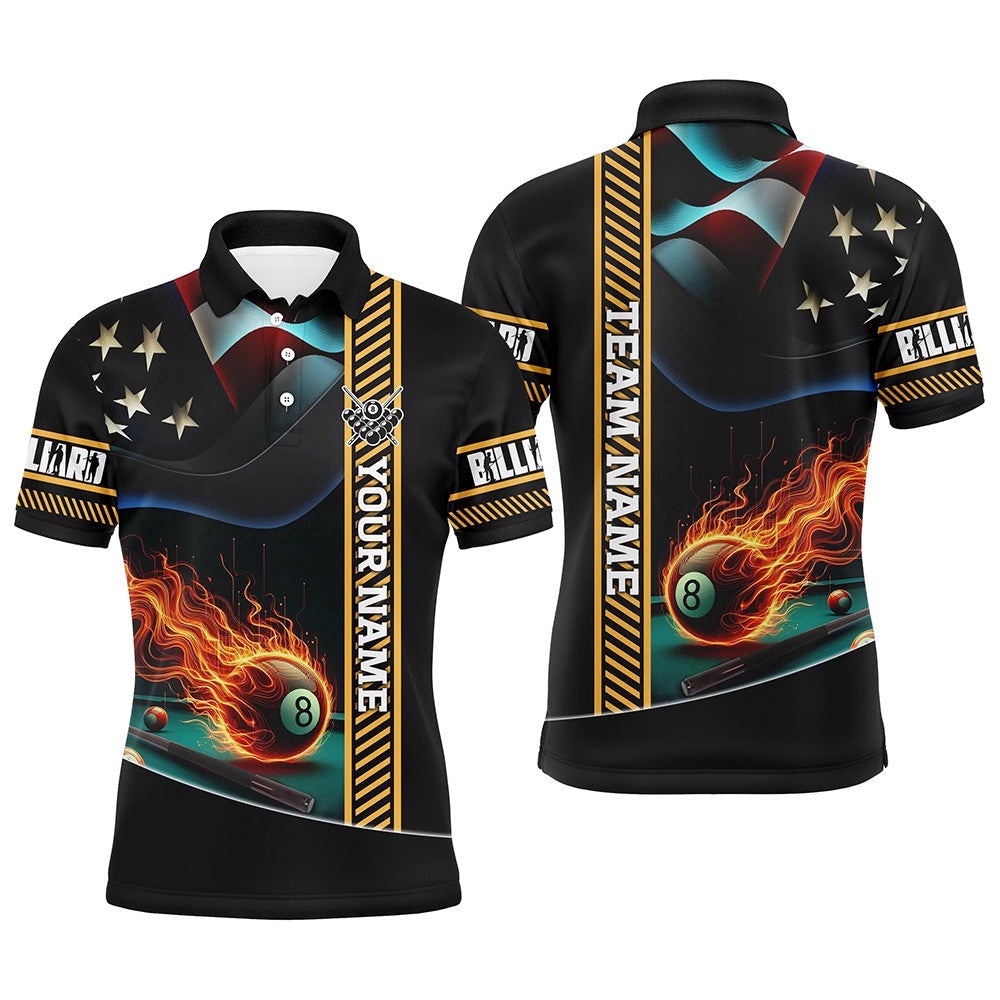 American Flag Flaming 8 Ball Pool Polo Shirts, Patriotic Billiard Attire Polo, Personalized Billiard Polo Shirt