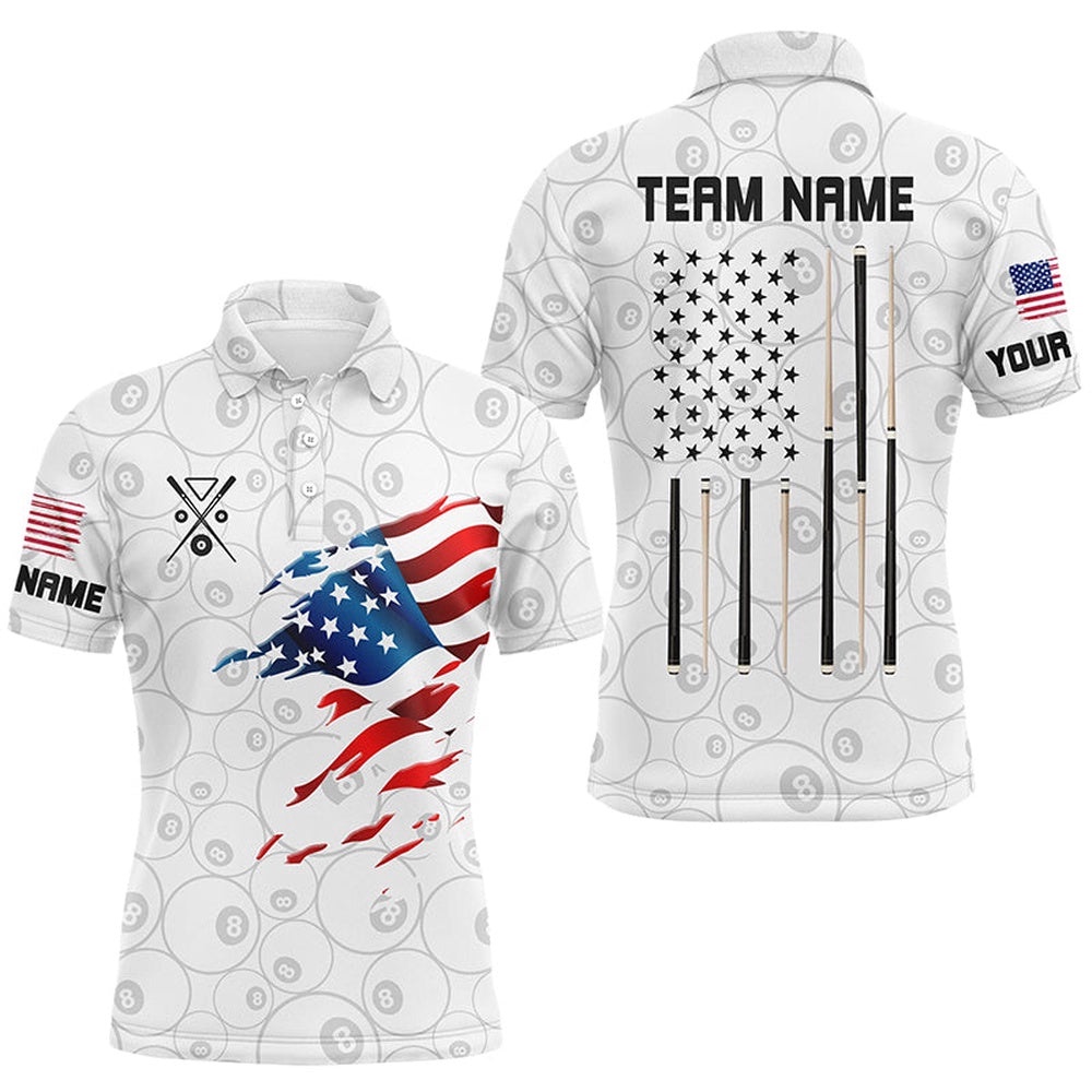 American Flag White Billiard Shirts Custom Patriotic Billiard Polo, Personalized Billiard Polo Shirt American Flag White Billiard Shirts Custom Patriotic Billiard Polo, Personalized Billiard Polo Shirt