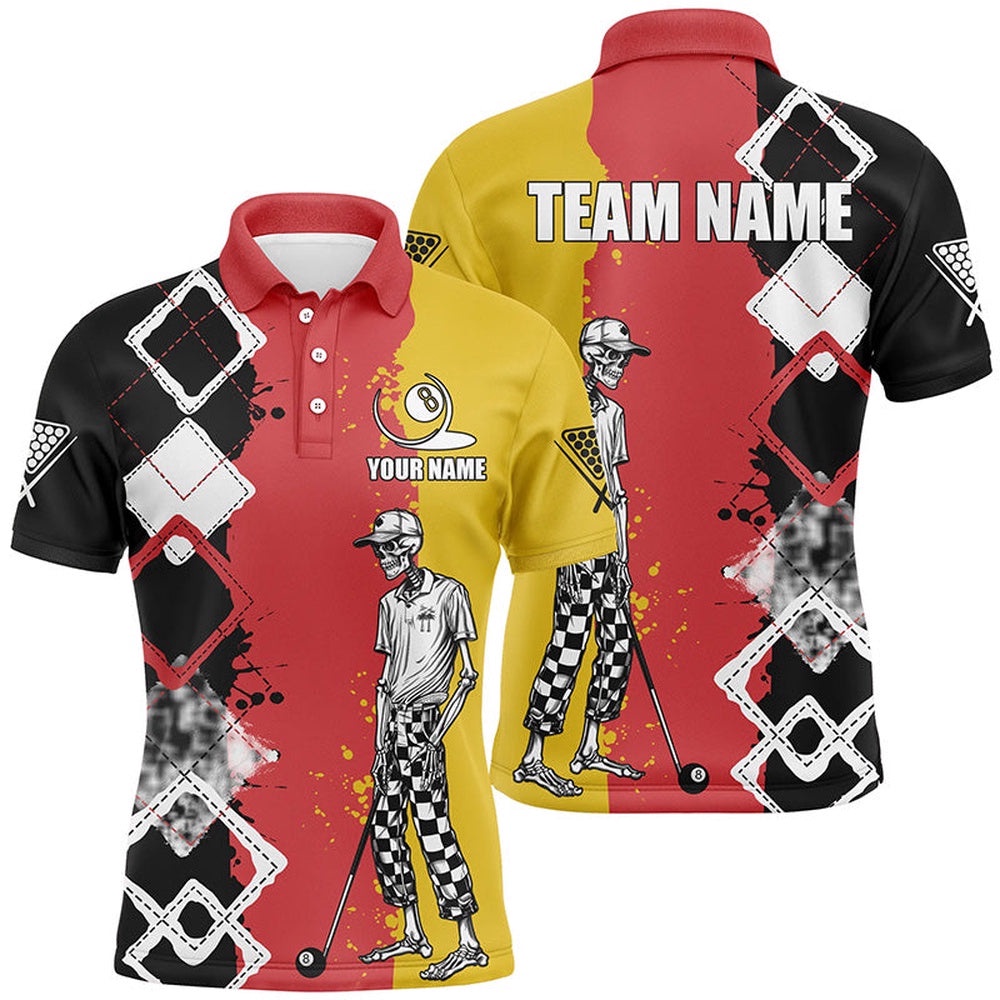 Argyle Funny Skeleton Billiard Shirts Custom Colorful Billiard Team Polo, Personalized Billiard Polo Shirt