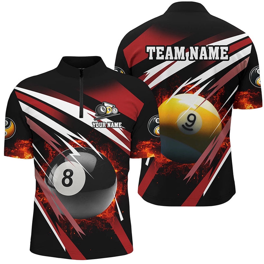 Billiard 8 Ball & 9 Ball Fire Jersey Shirts Custom Billiard Jersey Attire Red, Personalized Billiard Team Jersey Shirt