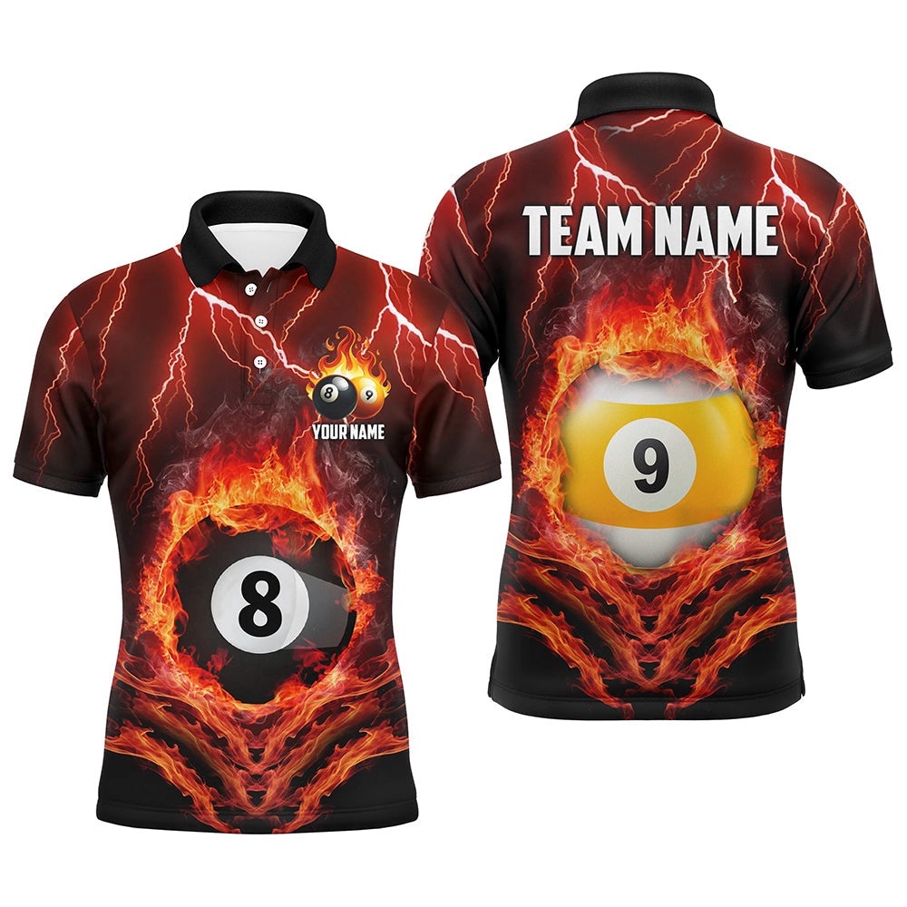 Billiard 8 Ball & 9 Ball Fire Lightning Polo & 14 Zip Shirts Custom Billiard Polo Orange, Personalized Billiard Polo Shirt