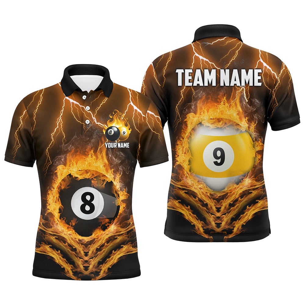 Billiard 8 Ball & 9 Ball Fire Lightning Polo & 14 Zip Shirts Custom Billiard Polo Yellow, Personalized Billiard Polo Shirt