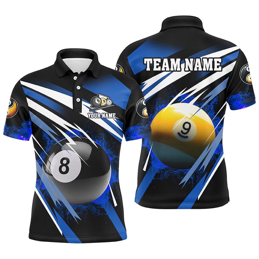 Billiard 8 Ball & 9 Ball Fire Polo & Polo Shirt Custom Billiard Polo Attire Blue, Personalized Billiard Polo Shirt