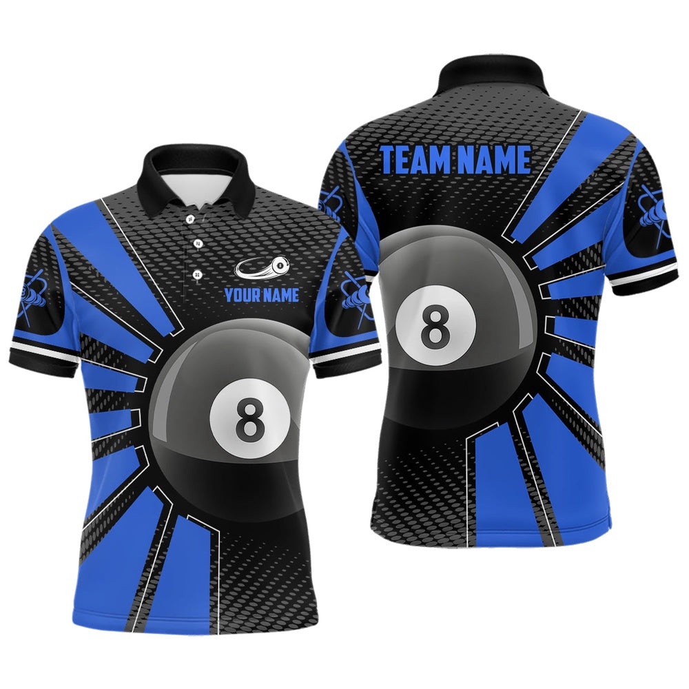 Billiard 8 Ball Blue Version Name 3D Polo Shirts Custom Team Billiard Shirts, Personalized Billiard Polo Shirt
