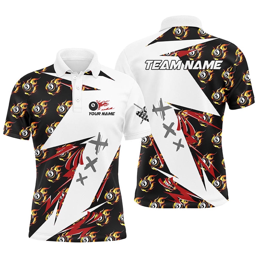 Billiard 8 Ball Fire Flame Pattern Polo Shirts Custom Team Name Billiard Polo, Personalized Billiard Polo Shirt