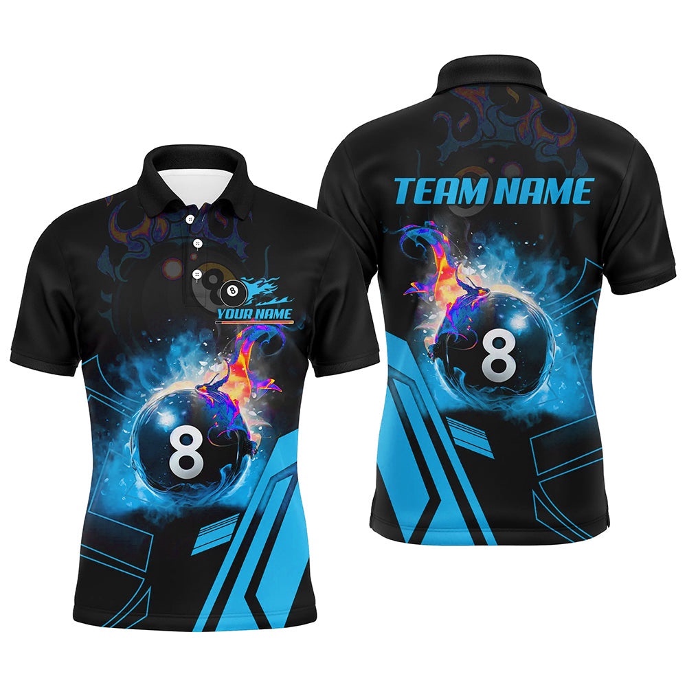 Billiard 8 Ball Flame Blue Version 3D Printed Polo Shirts Best Custom Pool Team Polo Shirts, Personalized Billiard Polo Shirt