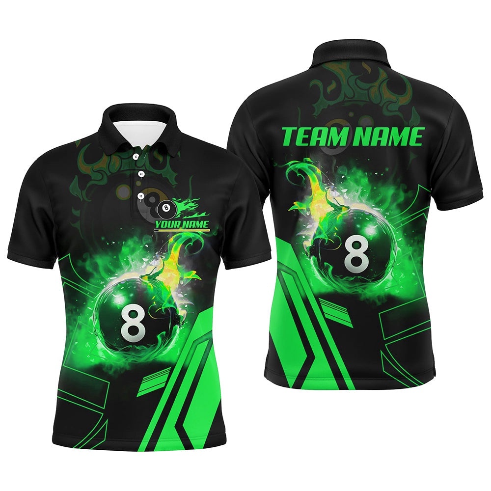 Billiard 8 Ball Flame Green Version 3D Printed Polo Shirts Best Custom Pool Team Polo Shirts, Personalized Billiard Polo Shirt