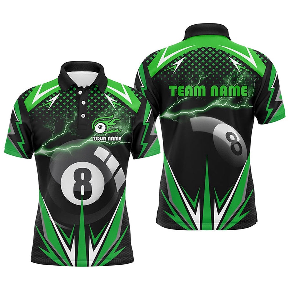 Billiard 8 Ball Pool Thunder Green Polo Shirts, Custom Billiards 3D Shirts, Personalized Billiard Polo Shirt