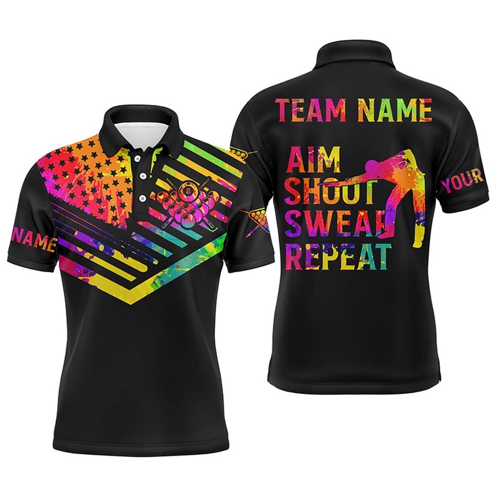 Billiard Aim Shoot Swear Repeat Custom 3D Black Multicolor Polo Shirts, Billiard Shirts Funny, Personalized Billiard Polo Shirt Billiard Aim Shoot Swear Repeat Custom 3D Black Multicolor Polo Shirts, Billiard Shirts Funny, Personalized Billiard Polo Shirt