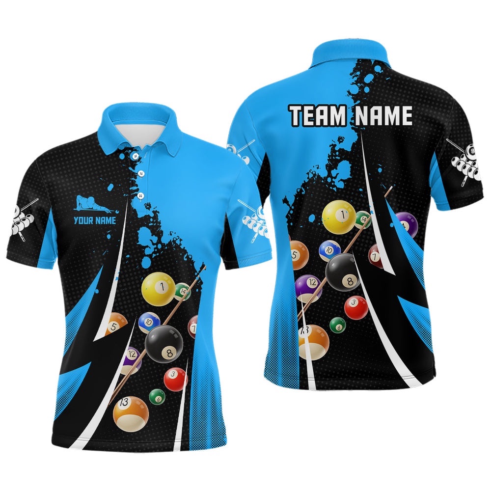 Billiard Balls 3D Print Black Blue Billiard Player Polo Shirts, Personalized Billiard Polo Shirt