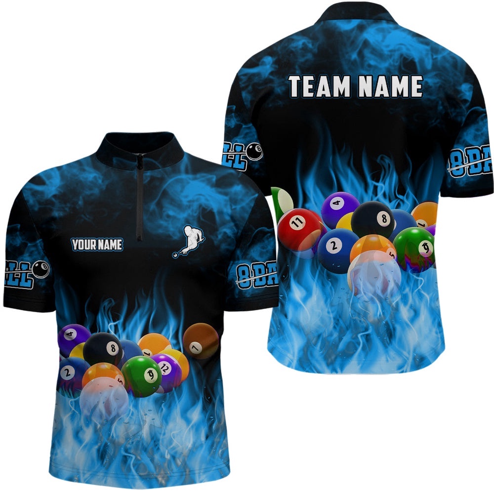 Billiard Balls Flame Billiard Blue 3D Jersey Shirts, Custom 8 Ball Pool Jerseys, Personalized Billiard Team Jersey Shirt