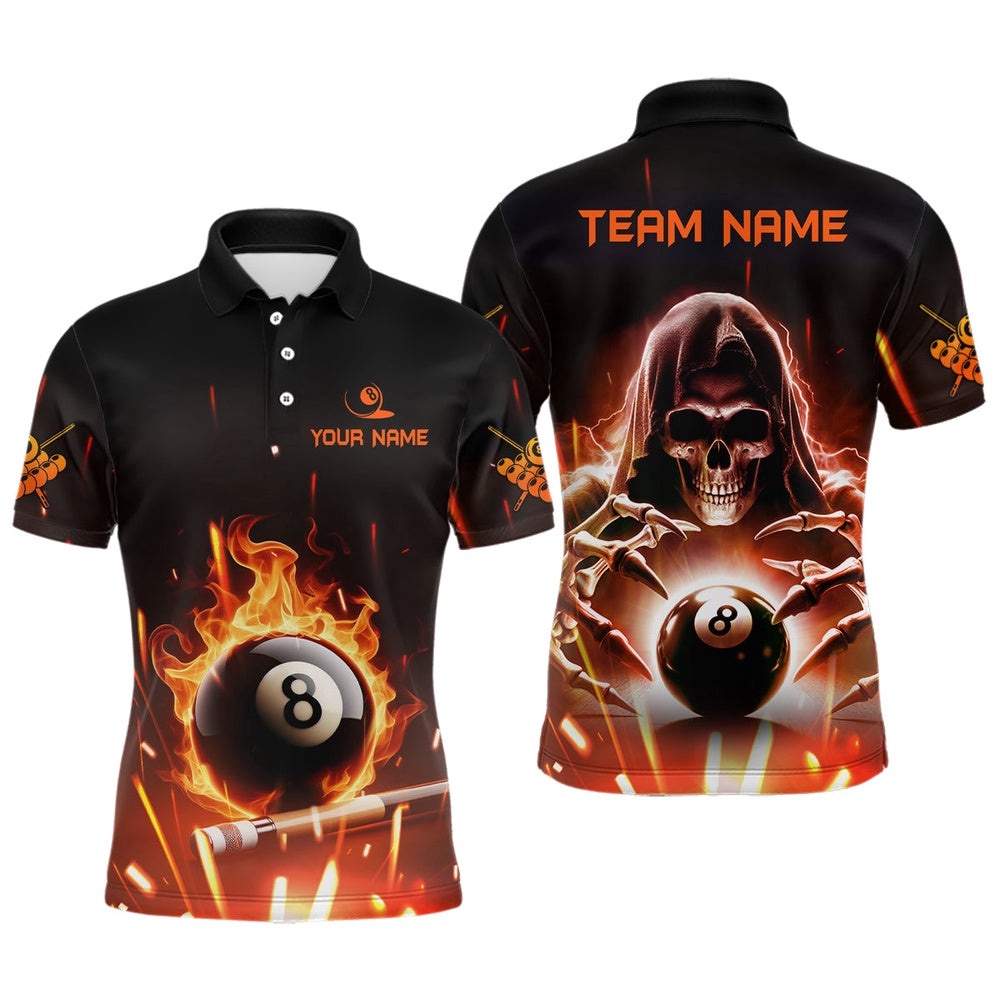 Billiard Skeleton Flaming 8 Ball Pool Polo Shirts Custom Pool League Team Shirts, Personalized Billiard Polo Shirt Billiard Skeleton Flaming 8 Ball Pool Polo Shirts Custom Pool League Team Shirts, Personalized Billiard Polo Shirt