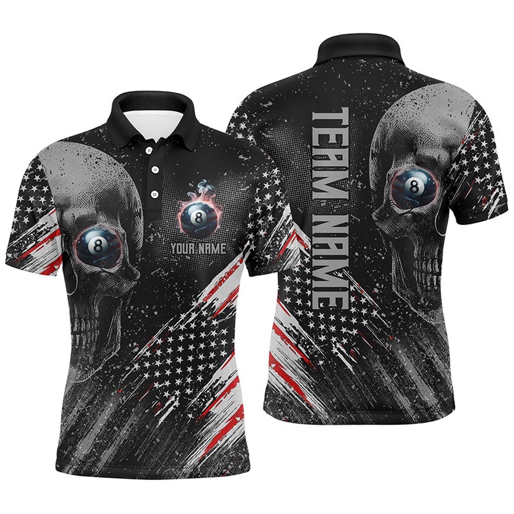 Billiard Skull 8 Ball Pool Smoke Us Flag Polo Shirts, Patriotic Billiards Outfit, Personalized Billiard Polo Shirt
