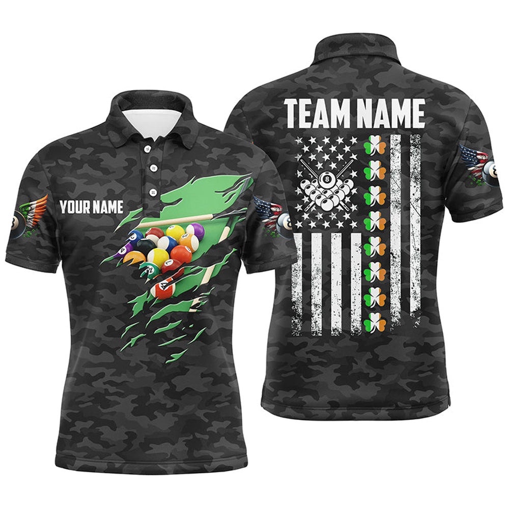 Billiard St Patrick Day Vintage American Flag Polo Shirts, Patriotic Billiard Team Polo, Personalized Billiard Polo Shirt
