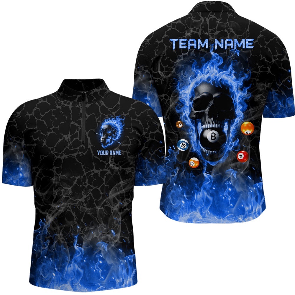 Billiards 8 Ball Flame Skull Fire Custom Pool Shirts, Unique League Billiard Jerseys Blue, Personalized Billiard Team Jersey Shirt