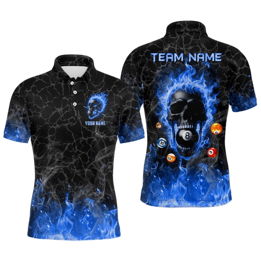 Billiards 8 Ball Flame Skull Fire Custom Pool Shirts, Unique League Billiard Polo Blue, Personalized Billiard Polo Shirt Billiards 8 Ball Flame Skull Fire Custom Pool Shirts, Unique League Billiard Polo Blue, Personalized Billiard Polo Shirt