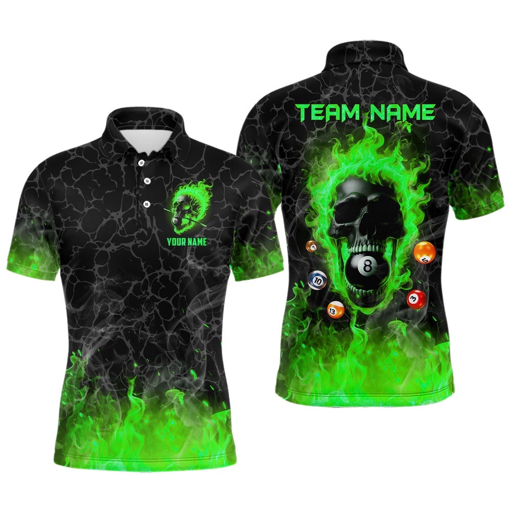 Billiards 8 Ball Flame Skull Fire Custom Pool Shirts, Unique League Billiard Polo Green, Personalized Billiard Polo Shirt