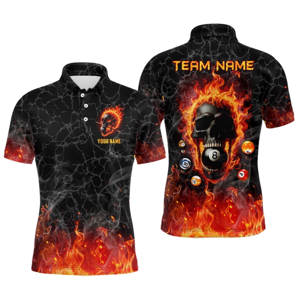 Billiards 8 Ball Flame Skull Fire Custom Pool Shirts, Unique Team League Billiard Polo, Personalized Billiard Polo Shirt