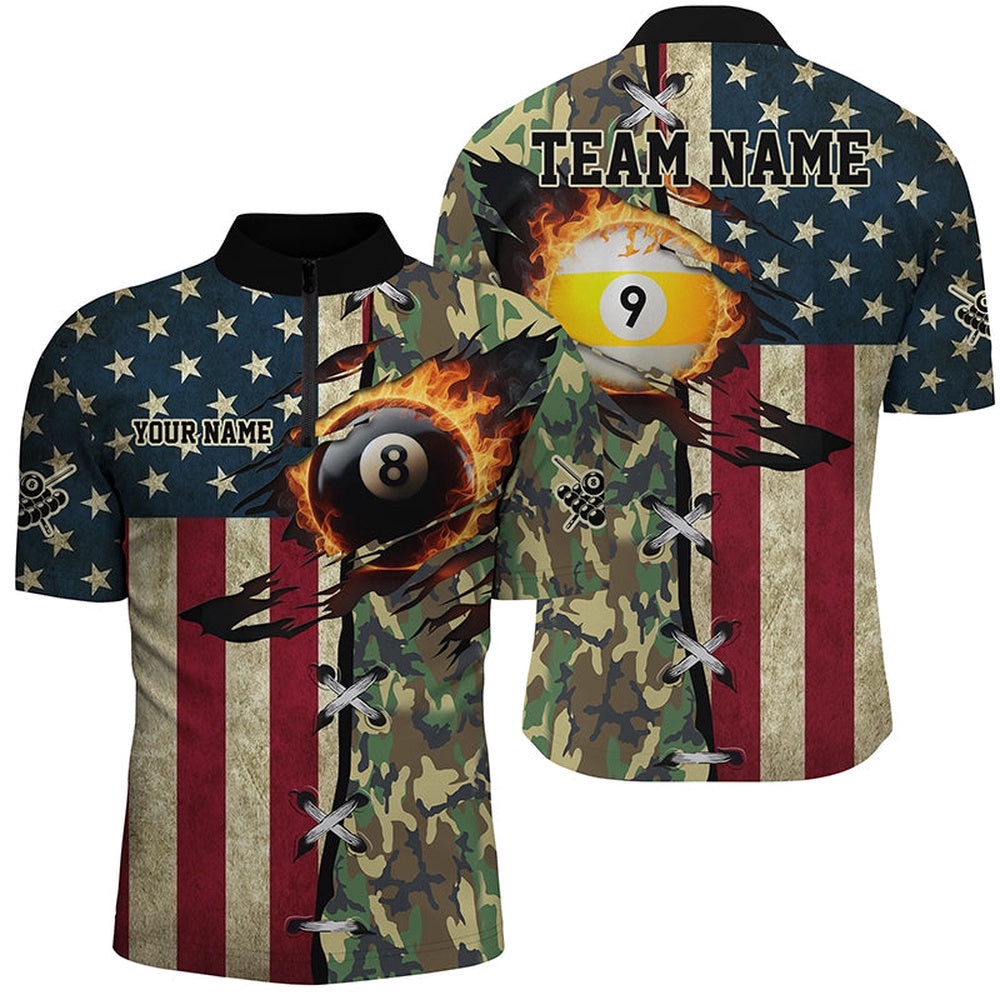 Billiards Ball 8 & Ball 9 Fire American Flag Custom Green Camo Jersey Shirts, Billiard Attire, Personalized Billiard Team Jersey Shirt