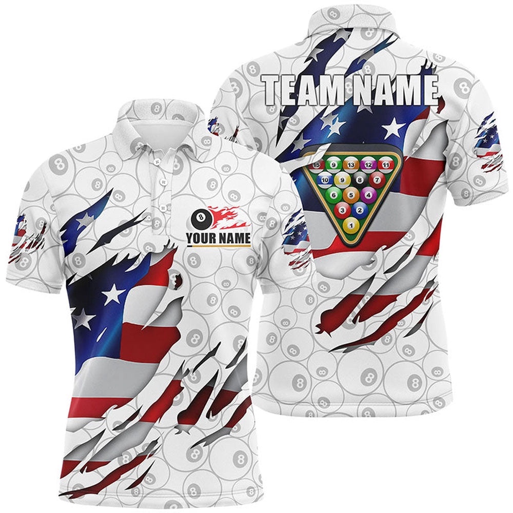 Billiards Balls 8 Ball Pattern White US Flag Custom Name Billiards Team Shirts, Personalized Billiard Polo Shirt Billiards Balls 8 Ball Pattern White US Flag Custom Name Billiards Team Shirts, Personalized Billiard Polo Shirt