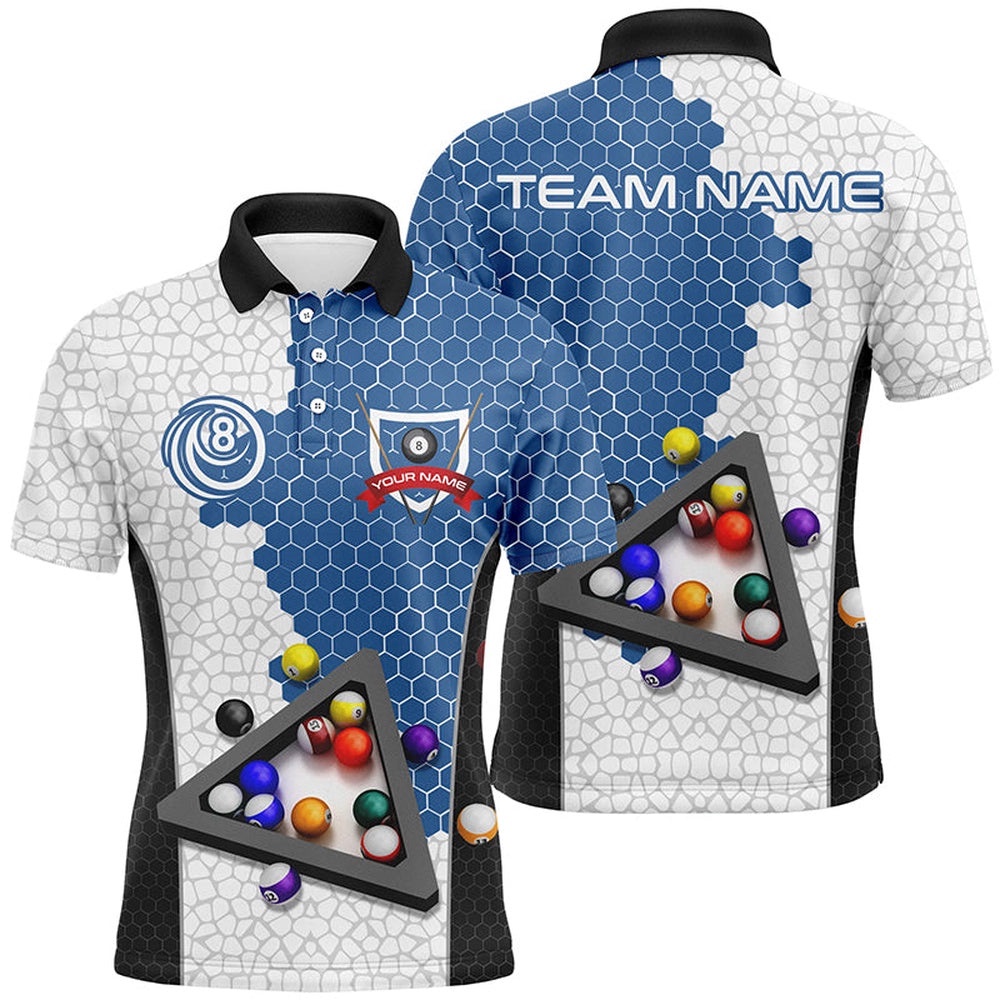 Billiards Balls Billiard Shirts, Custom Team Name Billiard Pool Shirts Blue, Personalized Billiard Polo Shirt