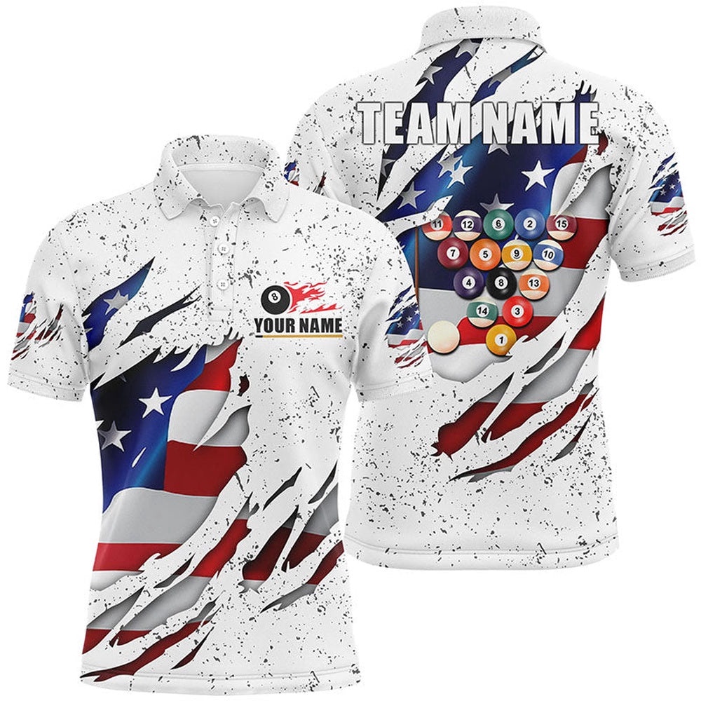 Billiards Balls US Flag White Grunge Custom Name 8 Ball Pool Polo, Personalized Billiard Polo Shirt Billiards Balls US Flag White Grunge Custom Name 8 Ball Pool Polo, Personalized Billiard Polo Shirt