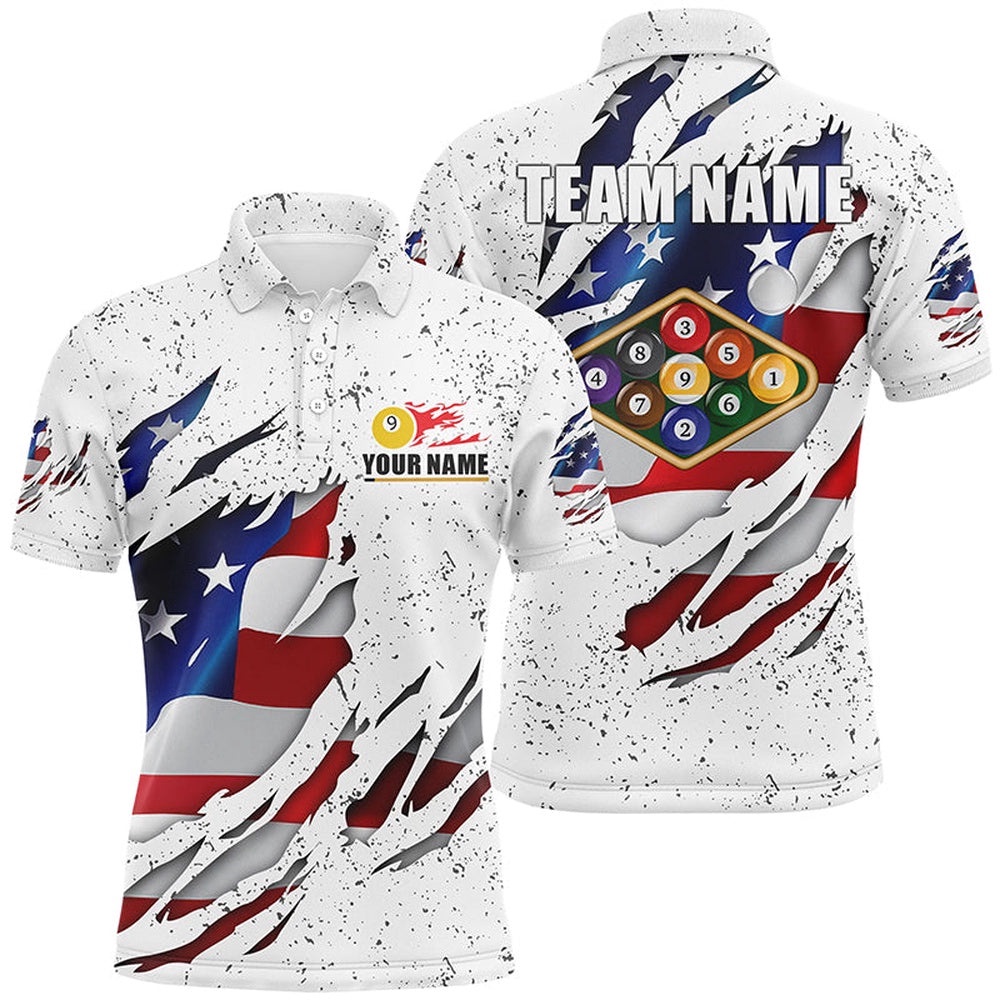 Billiards Balls US Flag White Grunge Custom Name 9 Ball Pool Shirts, Personalized Billiard Polo Shirt Billiards Balls US Flag White Grunge Custom Name 9 Ball Pool Shirts, Personalized Billiard Polo Shirt