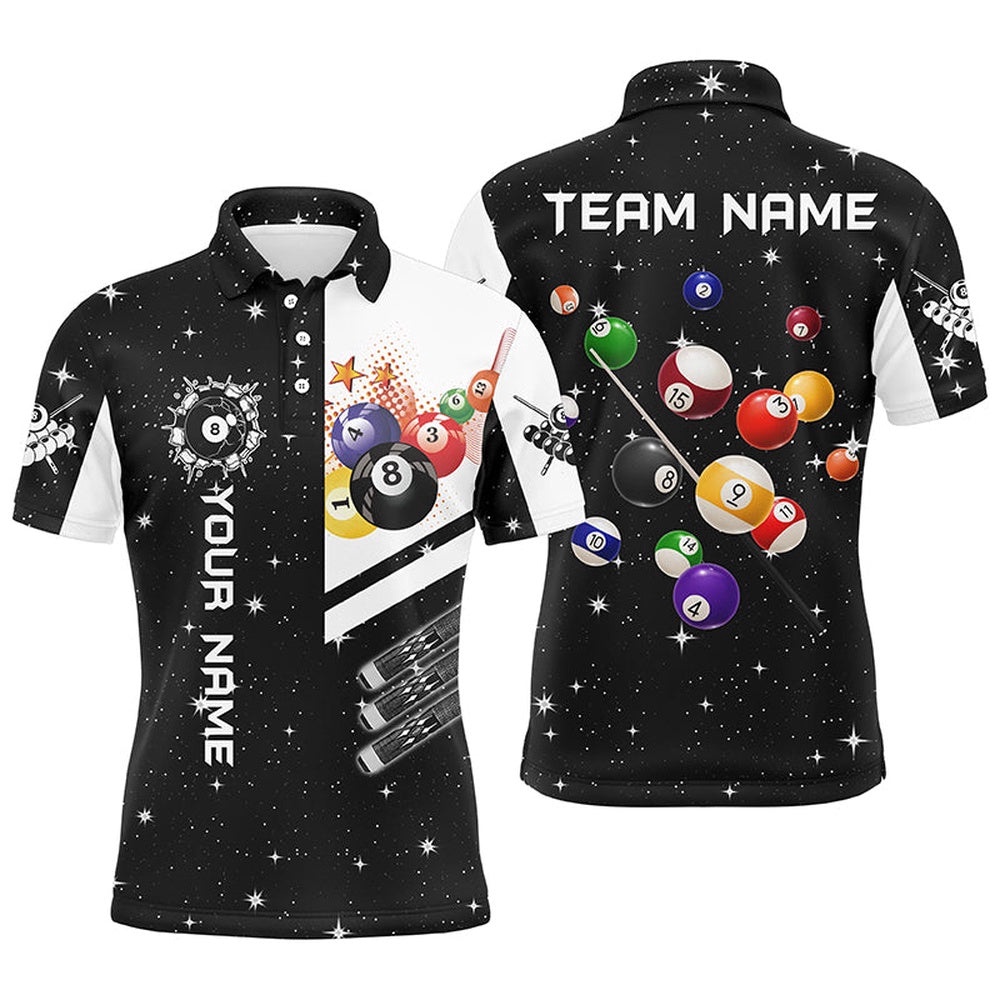 Black 3D Billiard Balls Polo Shirts Custom Name Billiard Team League Polo, Personalized Billiard Polo Shirt