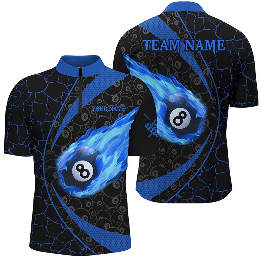Black Blue Billiard Fire Flame Jersey Shirts Custom Name 8 Ball Pool Team Shirts, Personalized Billiard Team Jersey Shirt