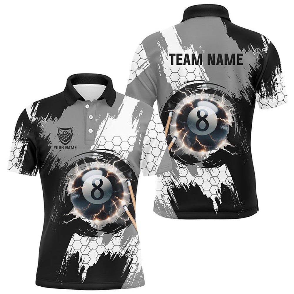 Black Grey Lightning 8 Ball Billiards 3D Shirts 8 Ball Pool Team Polo, Personalized Billiard Polo Shirt