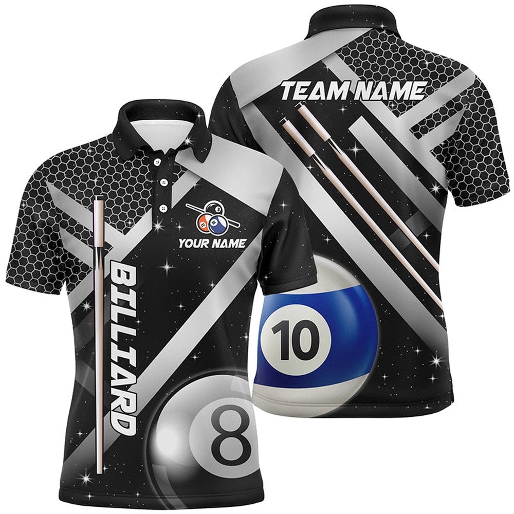 Black Polo Billiard 8 Ball & 10 Ball Pool Shirts Custom Unique Billiard Uniform, Personalized Billiard Polo Shirt