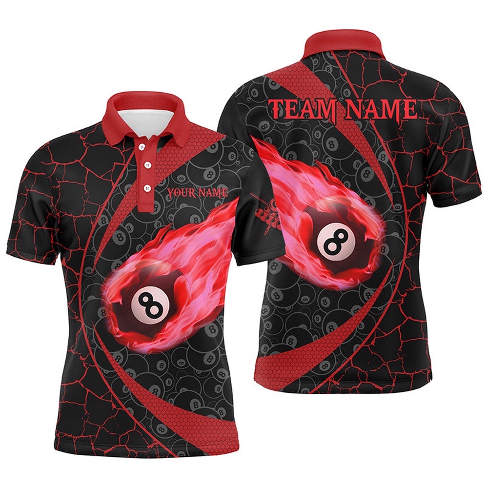 Black Red Billiard Fire Flame Polo Shirts Custom Name 8 Ball Pool Team Shirts, Personalized Billiard Polo Shirt