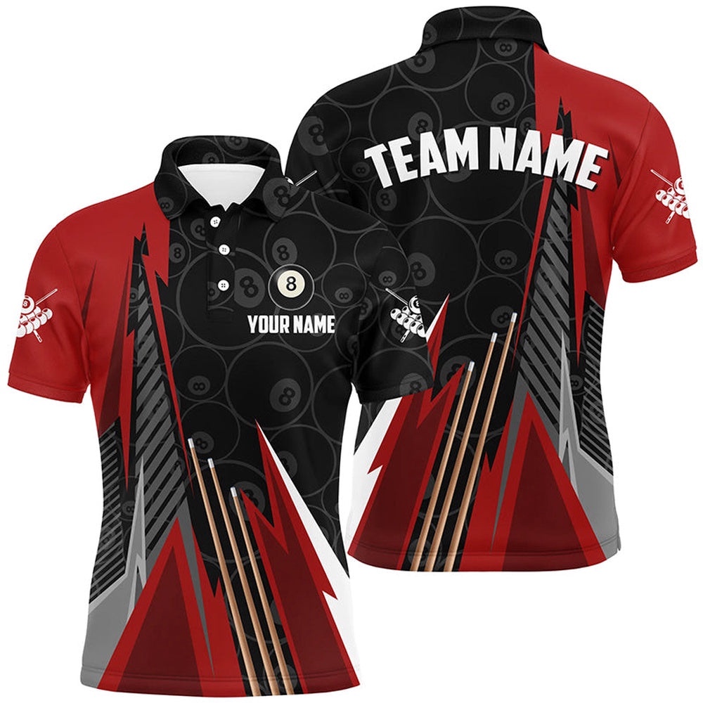Black Red Billiard Pattern Polo Shirts Custom Billiard Team Polo Uniform, Personalized Billiard Polo Shirt