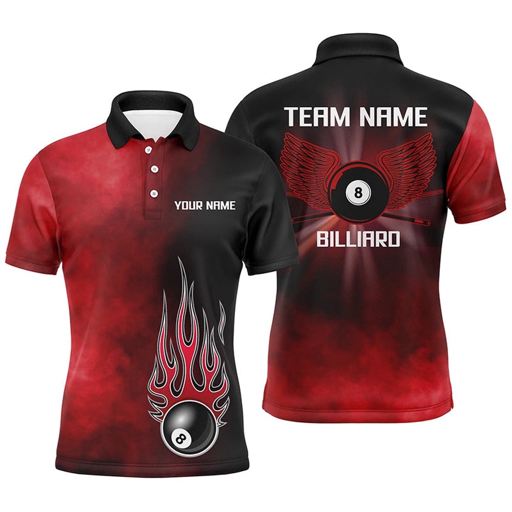 Black Red Flame 8 Ball Pool Polo Shirts, Custom Billiard 8 Ball Wing Polo, Personalized Billiard Polo Shirt Black Red Flame 8 Ball Pool Polo Shirts, Custom Billiard 8 Ball Wing Polo, Personalized Billiard Polo Shirt