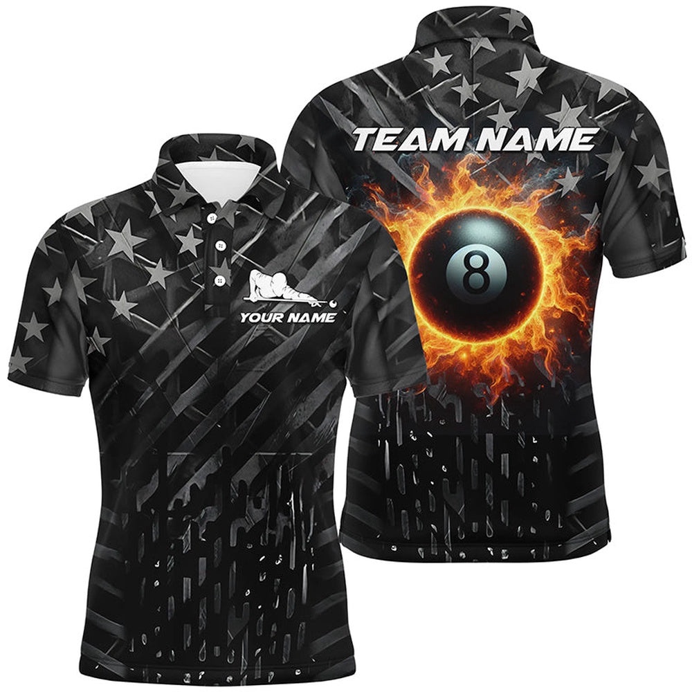 Black Retro Us Flag 8 Ball Fire Patriotic Pool Team Polo, Personalized Billiard Polo Shirt Black Retro Us Flag 8 Ball Fire Patriotic Pool Team Polo, Personalized Billiard Polo Shirt