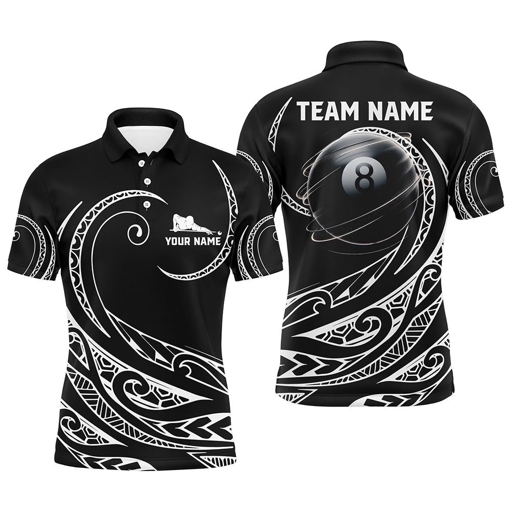 Black White 8 Ball Pool Tribal Pattern Polo Shirts Custom 3D Billiard Pool Polo, Personalized Billiard Polo Shirt