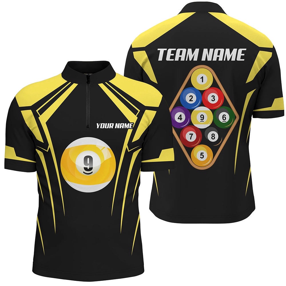 Black Yellow 9 Ball Pool 3D Jersey Shirts, Custom Billiards 9 Ball Team Jerseys, Personalized Billiard Team Jersey Shirt
